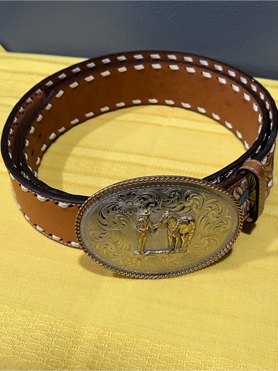 Nocona Accessories - Vintage 1980s NOCONA Kona Kut Leather Western Belt Size 44 & Trophy Belt Buckle